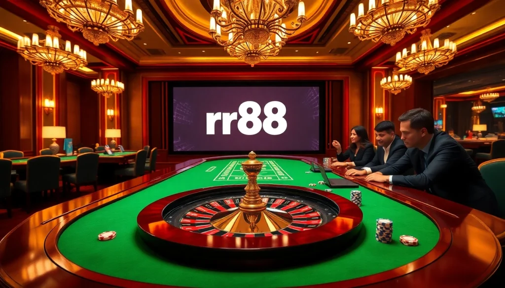 Players enjoying a thrilling gambling experience at rr88 casino, featuring roulette wheels and poker chips.