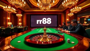Players enjoying a thrilling gambling experience at rr88 casino, featuring roulette wheels and poker chips.