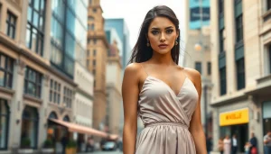 Elegant woman wearing a Rivelle dress against a stylish city backdrop showcasing modern fashion.