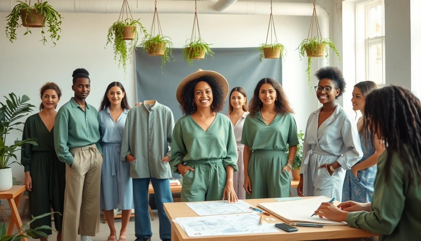 Fashion with purpose in a vibrant studio featuring sustainable clothing and diverse models.