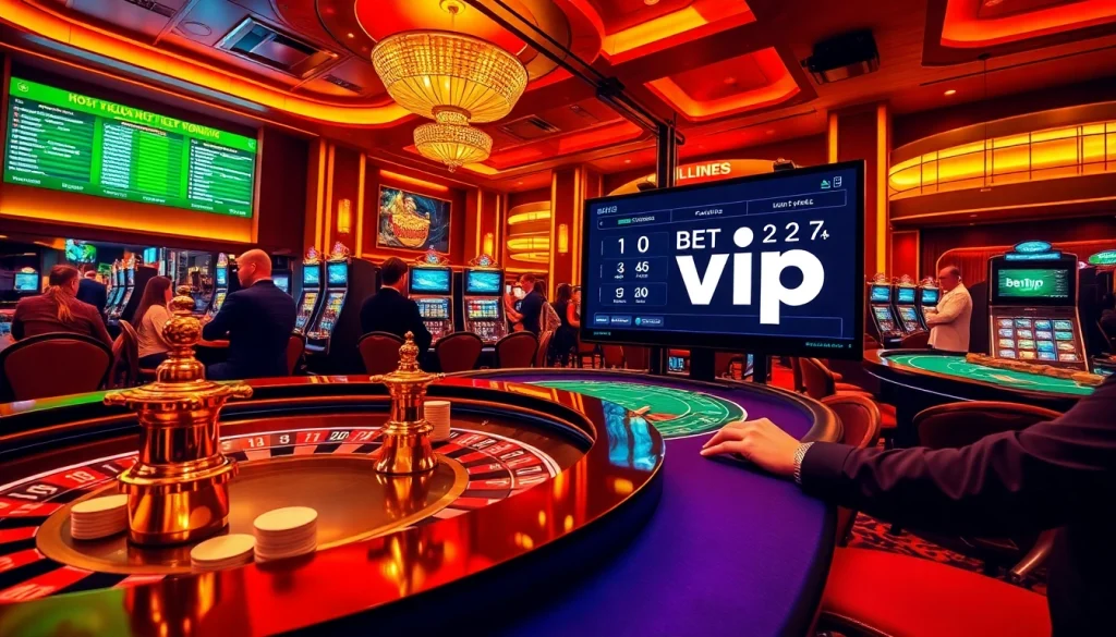 Trải nghiệm cảm giác hồi hộp với Bet VIP trong không gian casino hấp dẫn, cùng roulette và cá cược số.
