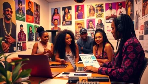 Hip hop PR firm team collaborating on music marketing strategies in a vibrant office.