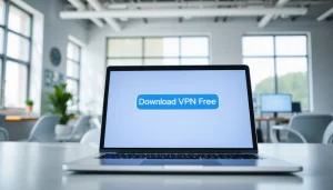 Download VPN Free with an attractive button showcased on a laptop screen in a modern office.