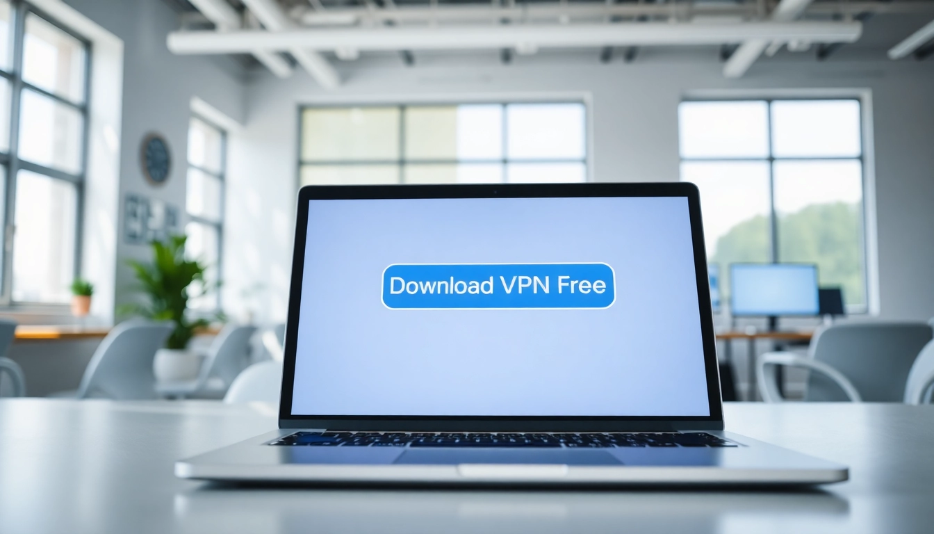 Download VPN Free with an attractive button showcased on a laptop screen in a modern office.