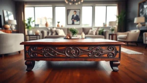 Admire custom furniture featuring a striking coffee table in a stylish living room setup.