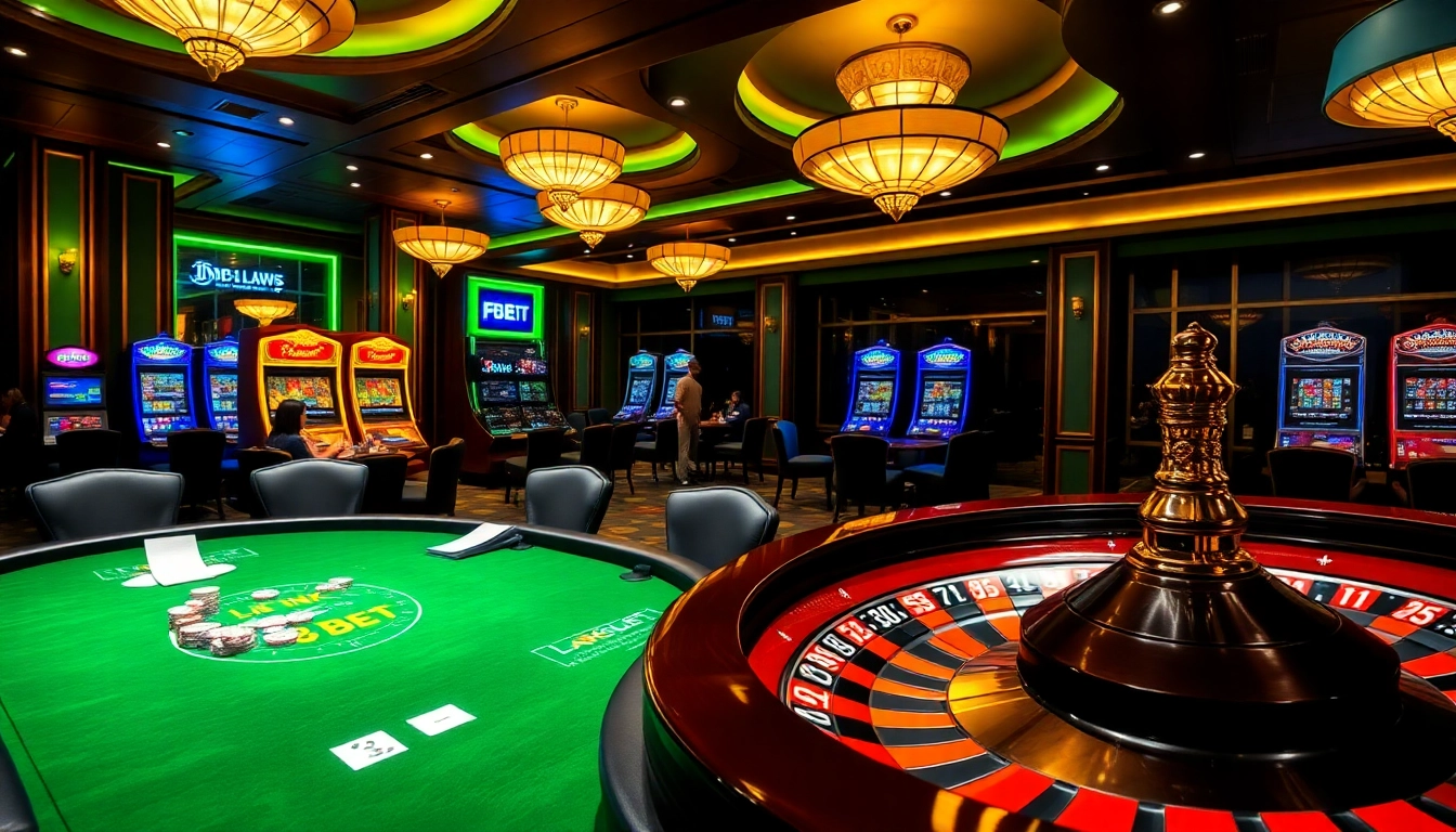 Exciting casino scene with poker players highlighting Link F8BET in a luxurious setting.