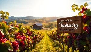 Experience the scenic allure of clarksburg wineries with lush vines and a rustic barn backdrop.