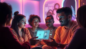 Interactive AI sex chatbot engaging users in a futuristic setting, showcasing technology and intimacy.