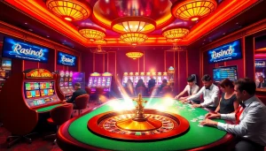 Players enjoying games at RR88 https://rr88.wales/ casino, highlighting vibrant slot machines and poker tables.