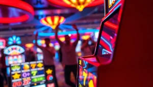 Menampilkan yuyu4d slot machine yang berkilau di kasino yang vibrant.
