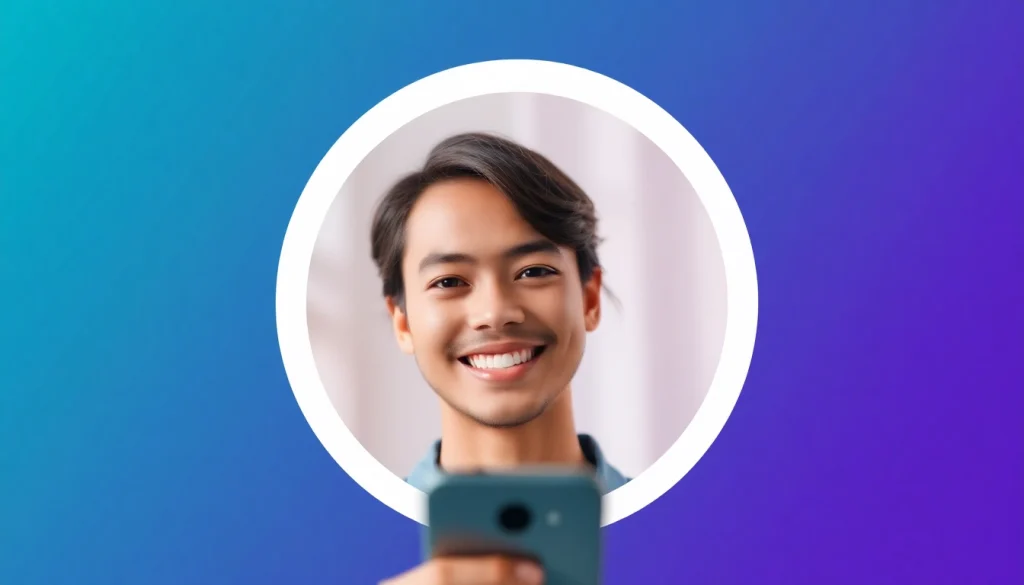 Vibrant whatsapp profile photo featuring a smiling individual with a teal to purple gradient background.
