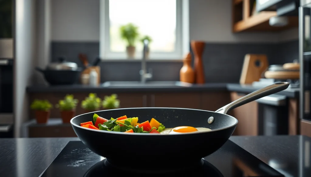 Cook delicious meals with the nonstick fry pan NZ, expertly showcasing vibrant vegetables and omelet.