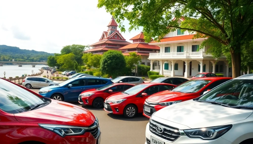 Explore the vibrant car hire options in Kuching amidst a lively cityscape with lush greenery.
