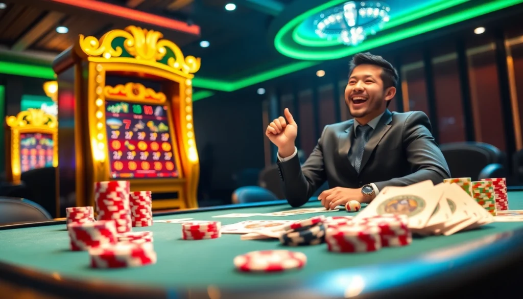 A dynamic player celebrating a win at Situs Slot Gacor in a vibrant casino environment.