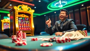 A dynamic player celebrating a win at Situs Slot Gacor in a vibrant casino environment.