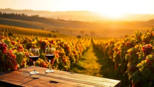 Experience the vibrant atmosphere of Sacramento Wineries with wine glasses set against serene vineyards.