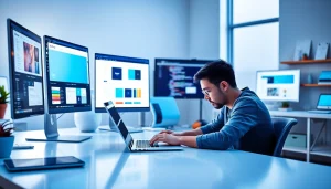 Professional web developer creating a thiết kế web in a modern workspace with multiple screens.