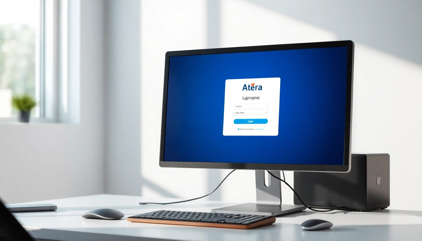 Atera login screen displayed on a computer monitor in a modern IT workspace, emphasizing security.