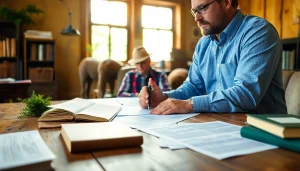 Consulting session with an agriculture lawyer offering advice to a farmer.