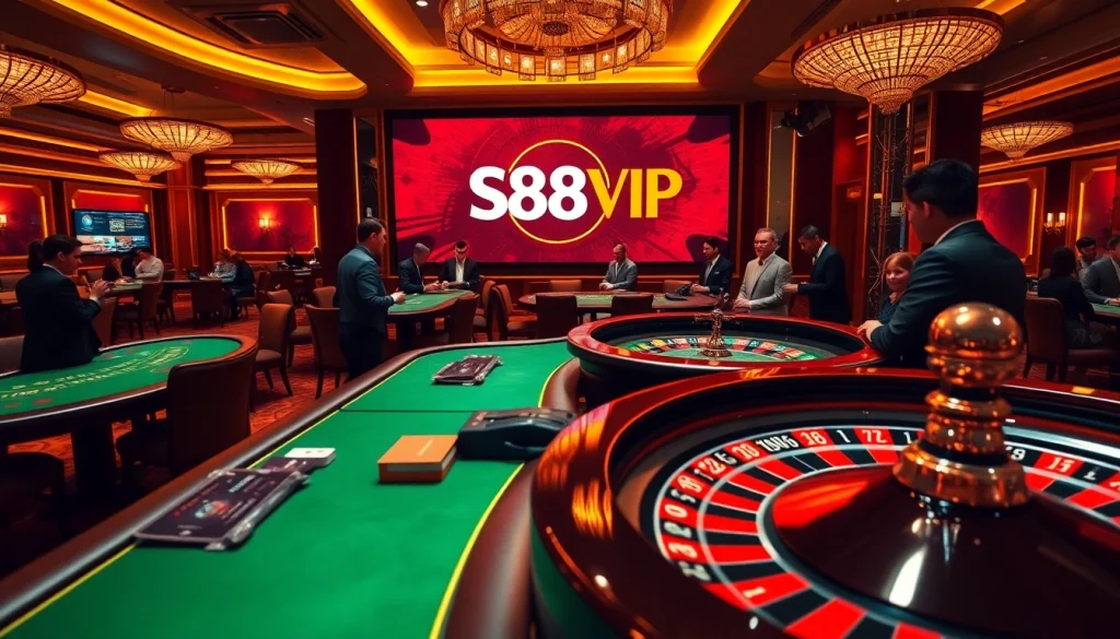 S88VIP casino scene showcasing excitement with poker tables and roulette wheels.
