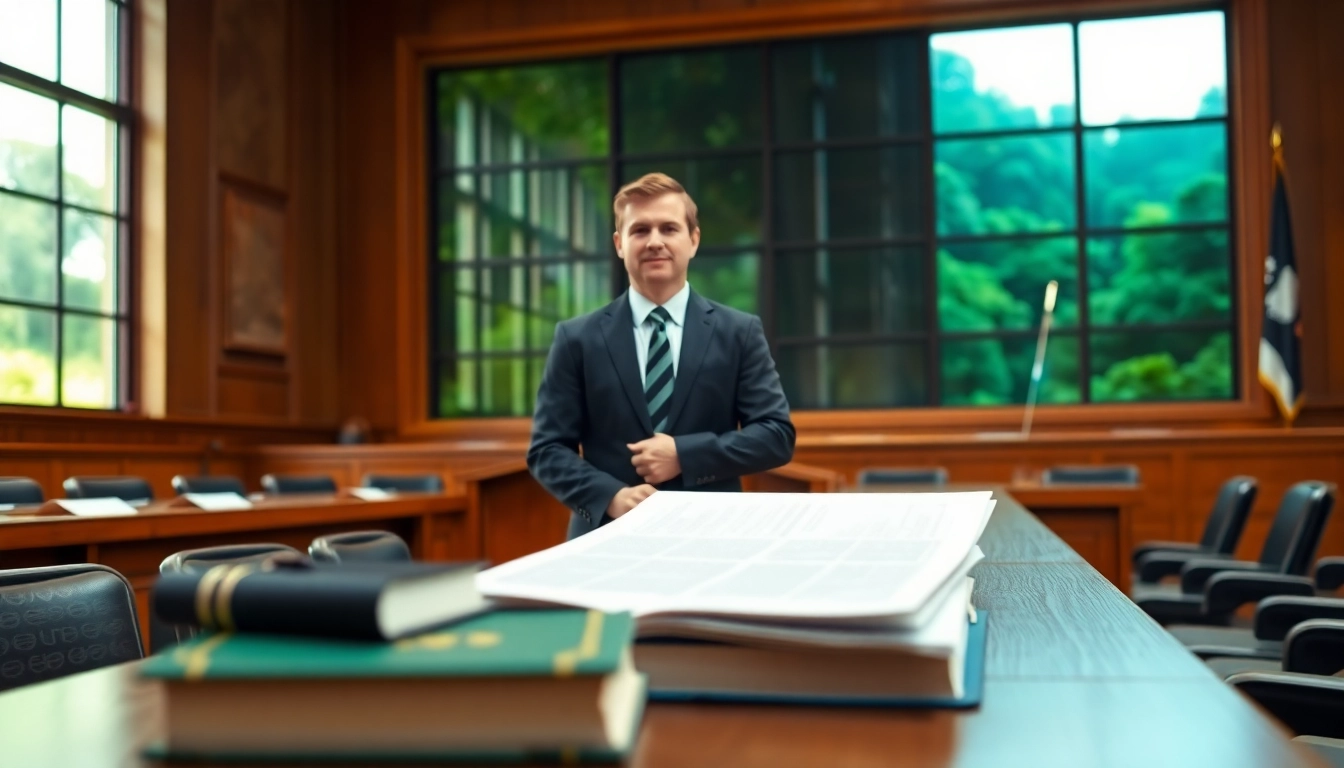 Protecting nature as an environmental lawyer in a courtroom, emphasizing advocacy for sustainability.