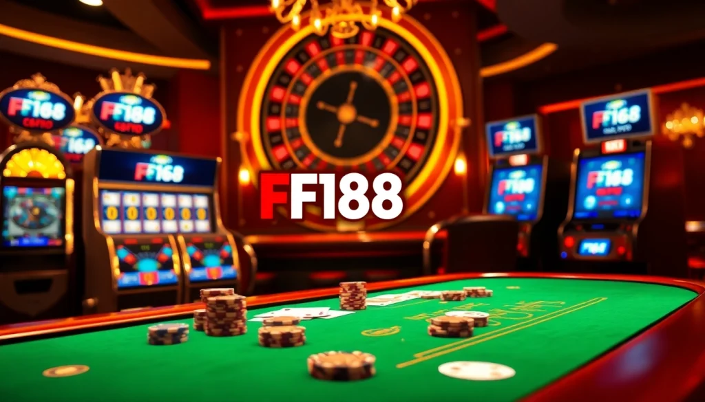 Experience the thrill of the F168 brand with luxurious casino visuals featuring poker, roulette, and slot gaming elements.