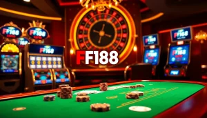 Experience the thrill of the F168 brand with luxurious casino visuals featuring poker, roulette, and slot gaming elements.