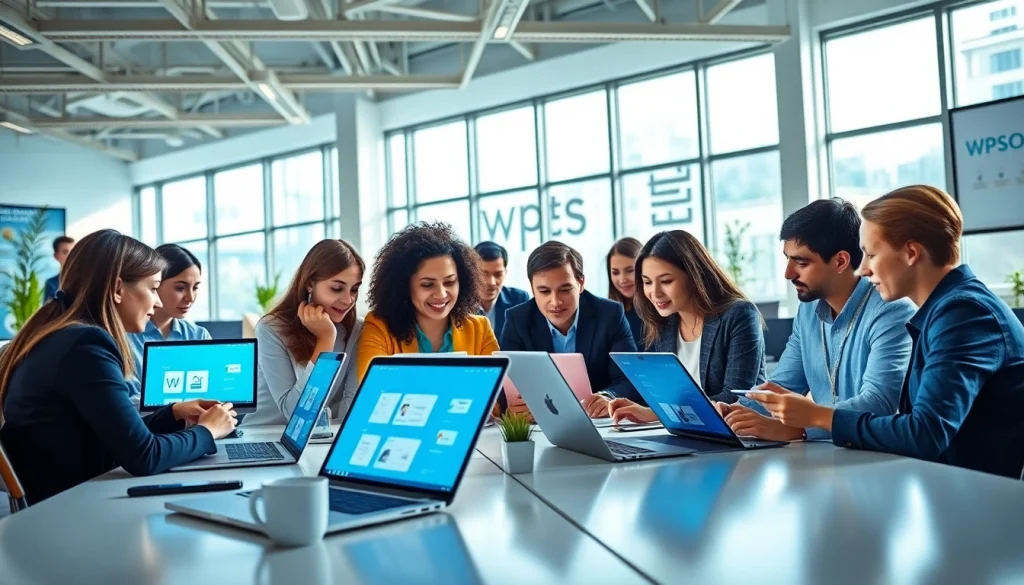 Modern office scene promoting collaboration with WPS下载 software on displays.