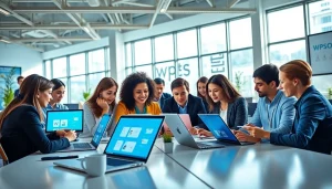 Modern office scene promoting collaboration with WPS下载 software on displays.