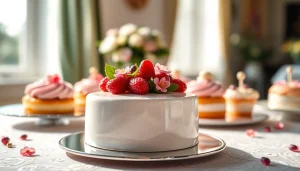 Geniet van de mousseline cake versierd met verse bessen en bloemen op een elegante tafel.