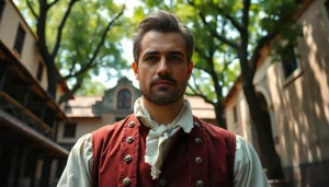 Depicts Job Charnock, founder kolkata, in colonial attire against historical architecture.