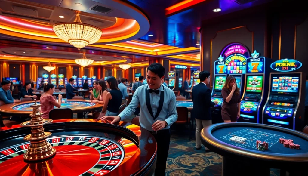 Exciting casino atmosphere at nhà cái 888b with players at roulette and poker tables.