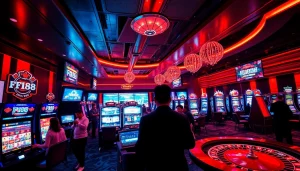 Experience the exciting online gambling world of แบรนด์ F168 with vibrant gaming interactions and sleek casino aesthetics.