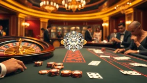 Gambling excitement highlights a luxurious casino scene with a focus on a stunning lab-grown diamond ring.