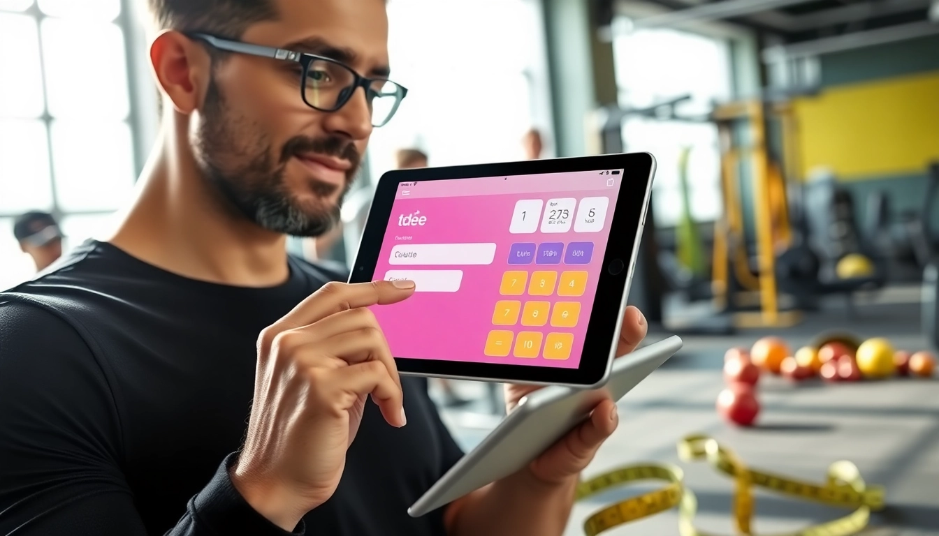 Calculate your TDEE calculator with a fitness coach using a tablet in a vibrant gym setting.