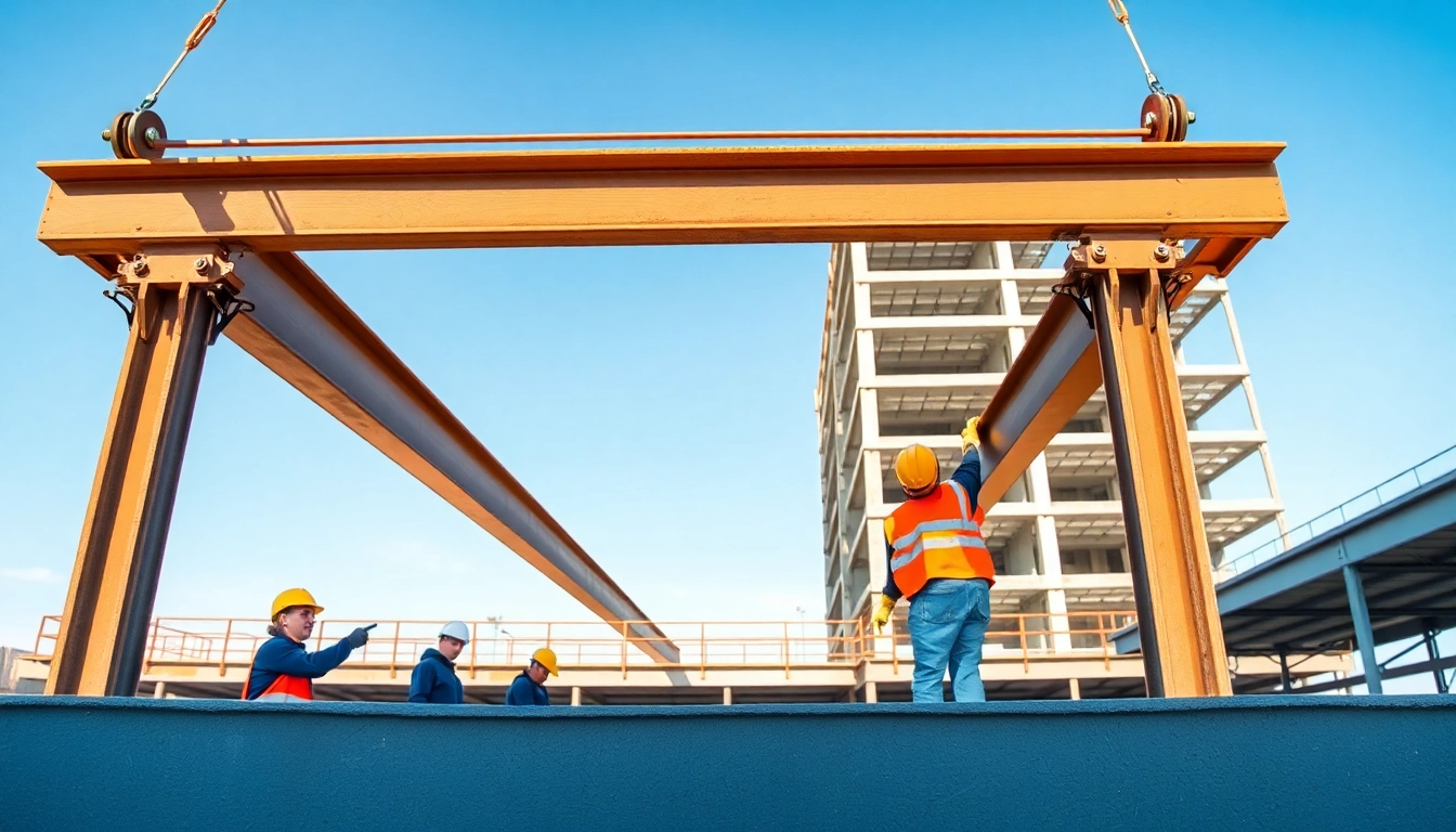 Team engaged in structural steel installation on a construction site, demonstrating precision and teamwork.