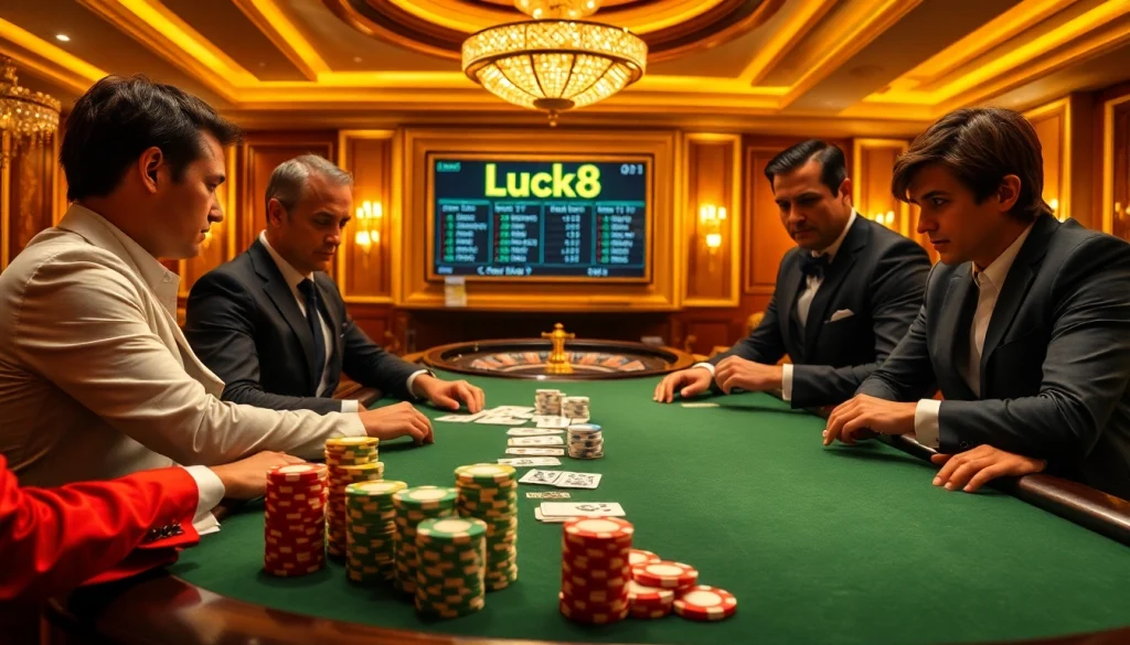 Players engaging intensely at the Luck8 poker table with chips, cards, and excitement.