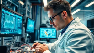 Engineer working with das 140 specifications in a high-tech lab.