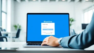 Securely logging into BlueVine login on a laptop in a modern office setting.