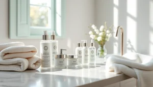 Hudvård mot aknebenägen hud i ett lugnt badrum med pastellfärgade hudvårdsprodukter.