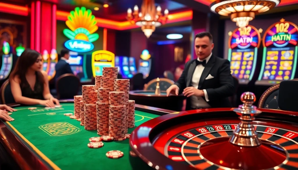 Experience thrilling action at vn88 with vibrant casino tables, poker chips, and roulette wheels.