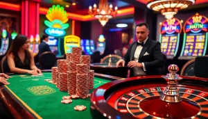 Experience thrilling action at vn88 with vibrant casino tables, poker chips, and roulette wheels.
