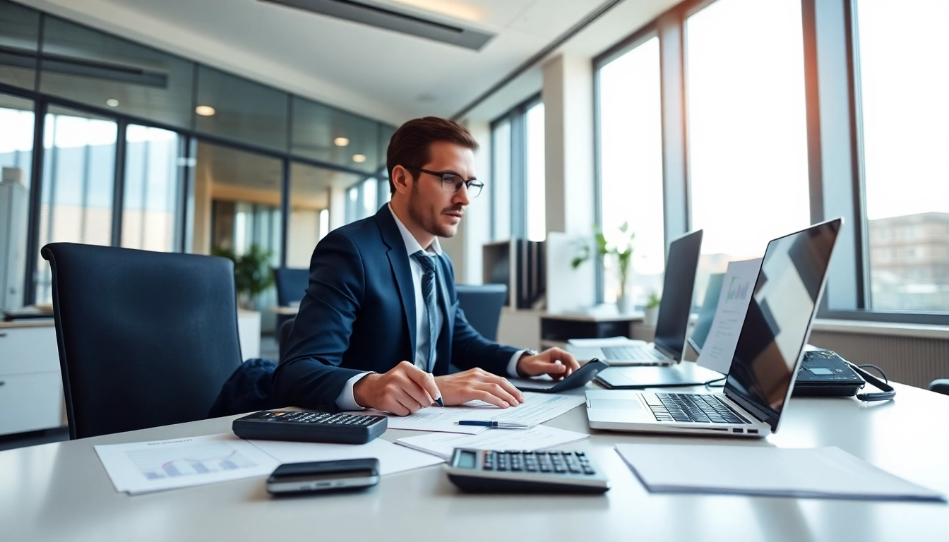 Professional SMSF auditor analyzing financial records in a modern office.