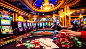 Experience the thrill of gaming with the vibrant casino scene at https://rr88.gratis/, featuring poker chips and players.