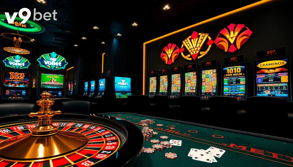 Exciting V9bet online casino scene with vibrant slot machines and rich poker chips.