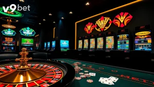 Exciting V9bet online casino scene with vibrant slot machines and rich poker chips.