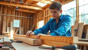 Engaging scene of a young apprentice in a Carpentry Apprenticeship Near Me, focused on measuring wood in a bright workshop.