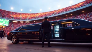 World Cup Group Transportation in a luxurious limousine outside a vibrant LA stadium, ready for fans.