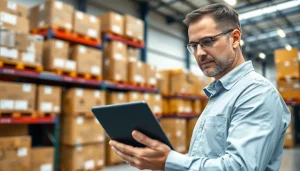 Visualize a 3PL logistics manager analyzing distribution data in a professional warehouse environment.