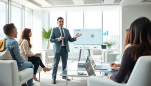 Crisis management consultant guiding a corporate team in a modern office.